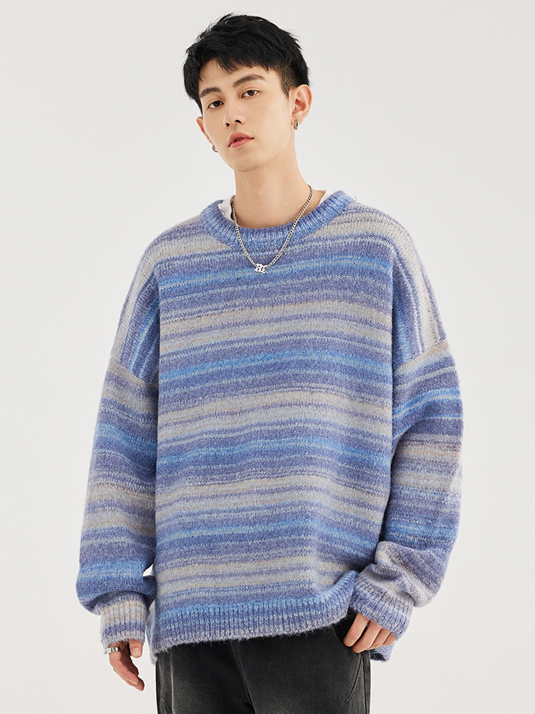 WASSUPWAKE AMERICAN VINTAGE SWEATER MENS AUTUMN AND WINTER NEW GRADIENT STRIPE MENS LOOSE CREW NECK KNIT