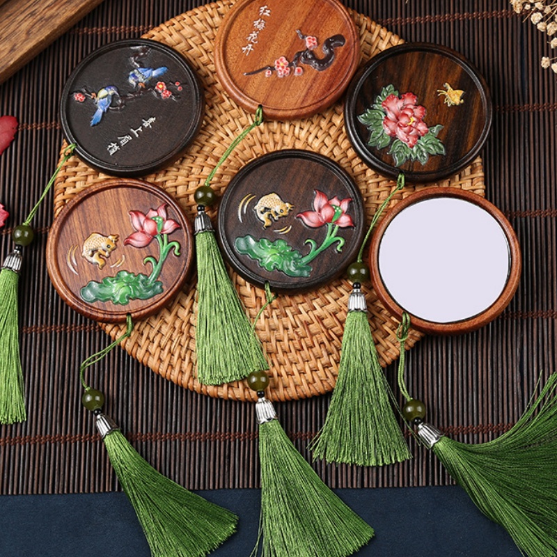 天然檀木化妆镜子国风随身便携式手工创意礼物镜子圆形生日小礼物