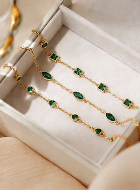 S925纯银祖母绿手链女款轻奢时尚精致绿宝石极简手饰品礼物送女友