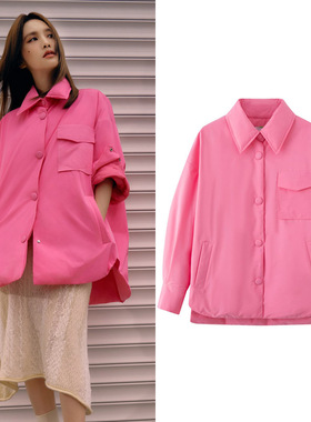 杨丞琳张婧仪明星同款粉色衬衫式轻薄羽绒服女休闲风白鸭绒外套冬