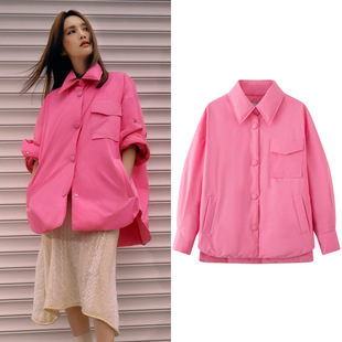 杨丞琳张婧仪明星同款粉色衬衫式轻薄羽绒服女休闲风白鸭绒外套冬