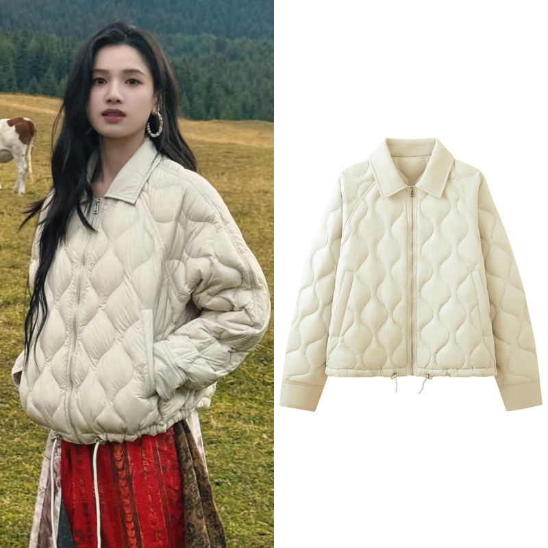 张婧仪同款米白短款轻薄羽绒服女宽松白鸭绒外套翻领夹克棉衣秋冬