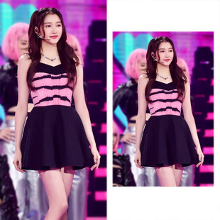 关晓彤明星同款粉色鱼骨抹胸连衣裙女甜辣露肩小黑裙高腰a字短裙