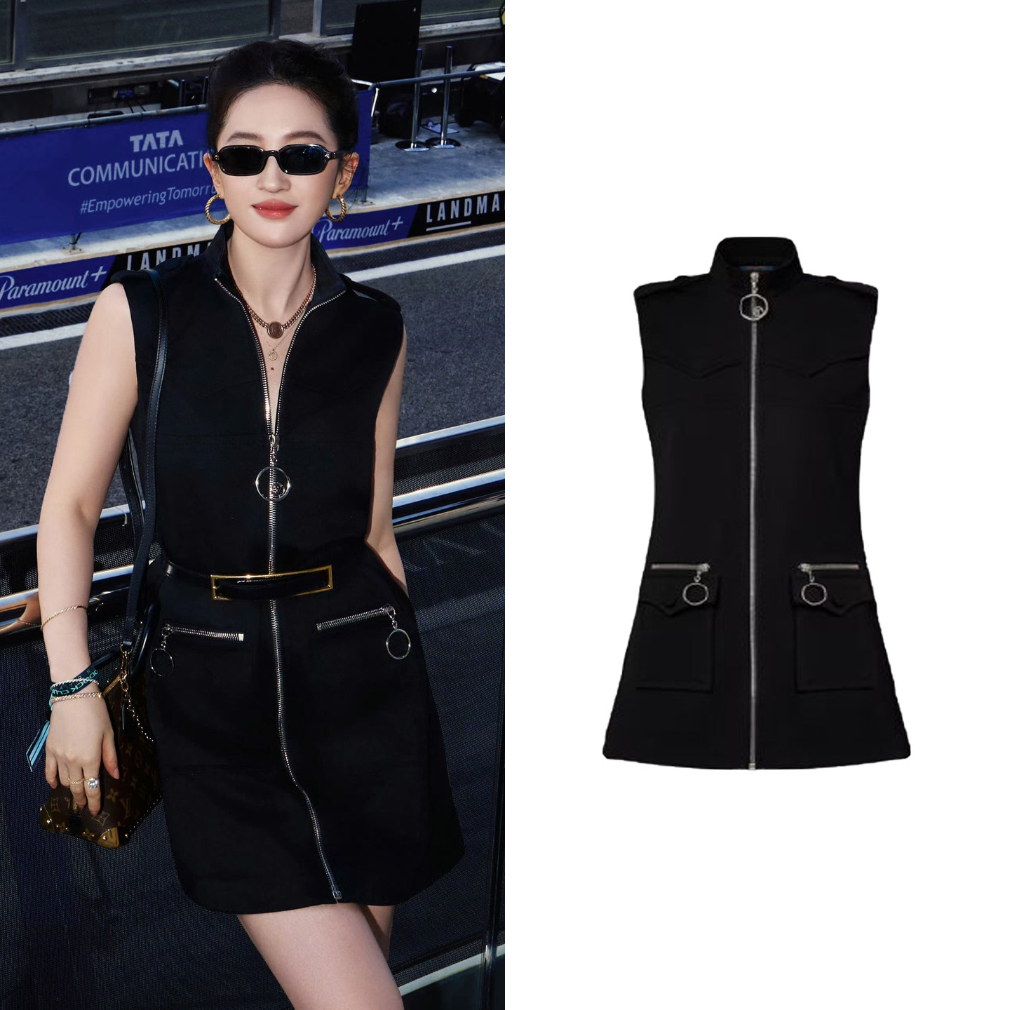 刘亦菲同款黑色无袖连衣裙女拉链式立领工装裙休闲a字短裙背心裙