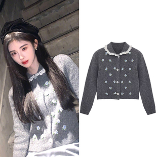 鞠婧祎明星同款灰色绣花针织开衫女设计感法式软糯毛衣短上衣秋冬