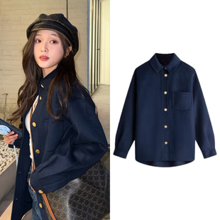 吴宣仪金智秀同款藏青色毛呢外套女复古衬衫式羊毛短大衣呢子夹克