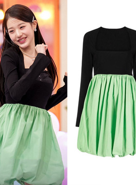 张元英明星同款长袖方领连衣裙女绿色撞色花苞裙设计感蓬蓬裙短裙