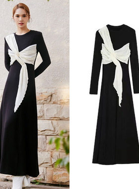 杨丞琳明星同款黑色长袖针织连衣裙女法式复古修身长裙高级感礼服