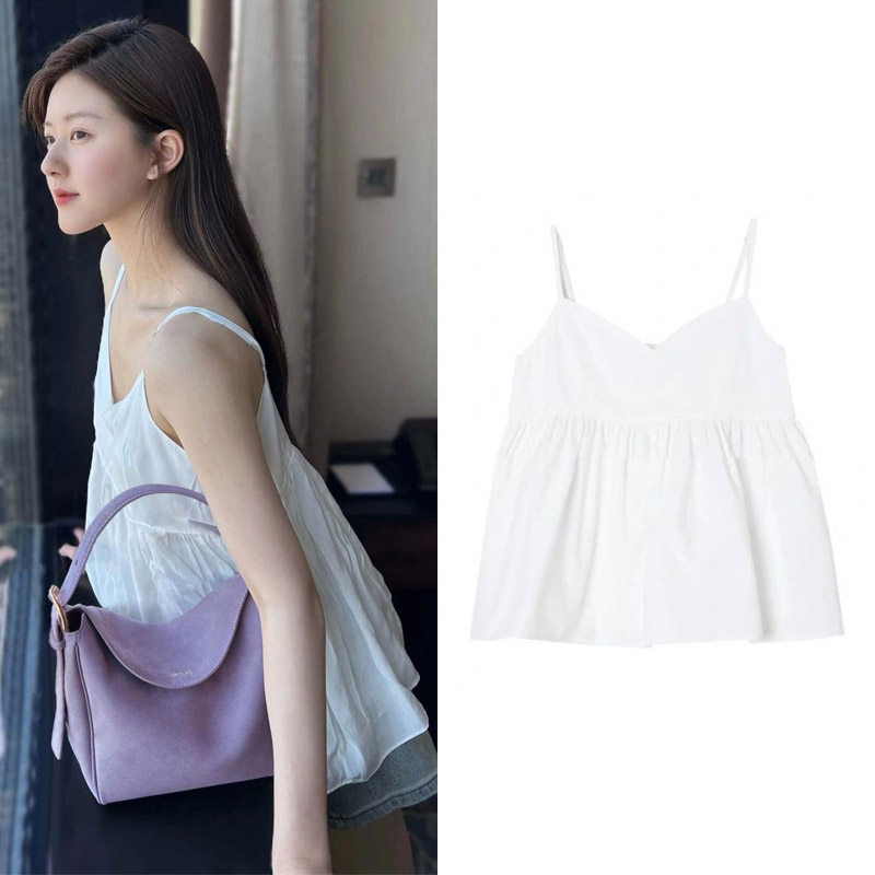 赵露思明星同款白色v领吊带上衣女无袖宽松背心小个子纯色内搭夏