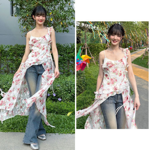 碎花吊带连衣裙叠穿不规则上衣夏