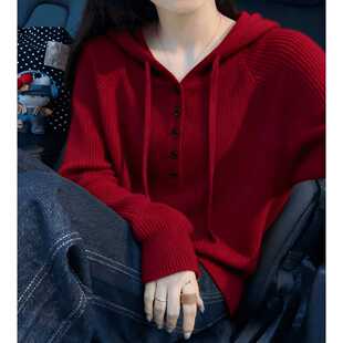 春秋新款连帽套头毛衣内搭女韩版宽松针织纯色打底衫百搭卫衣长袖