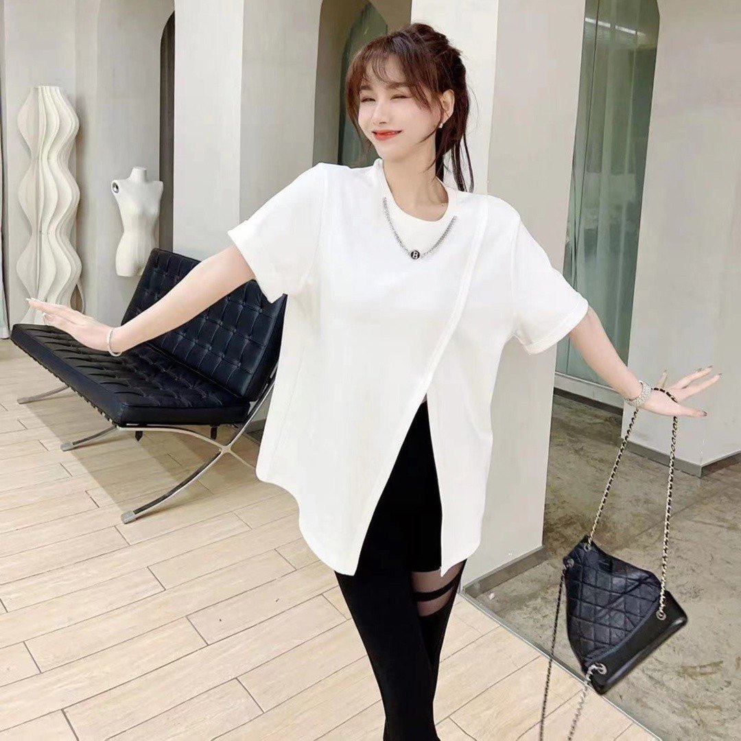 卡卡正品百搭开衩短袖上衣T恤女