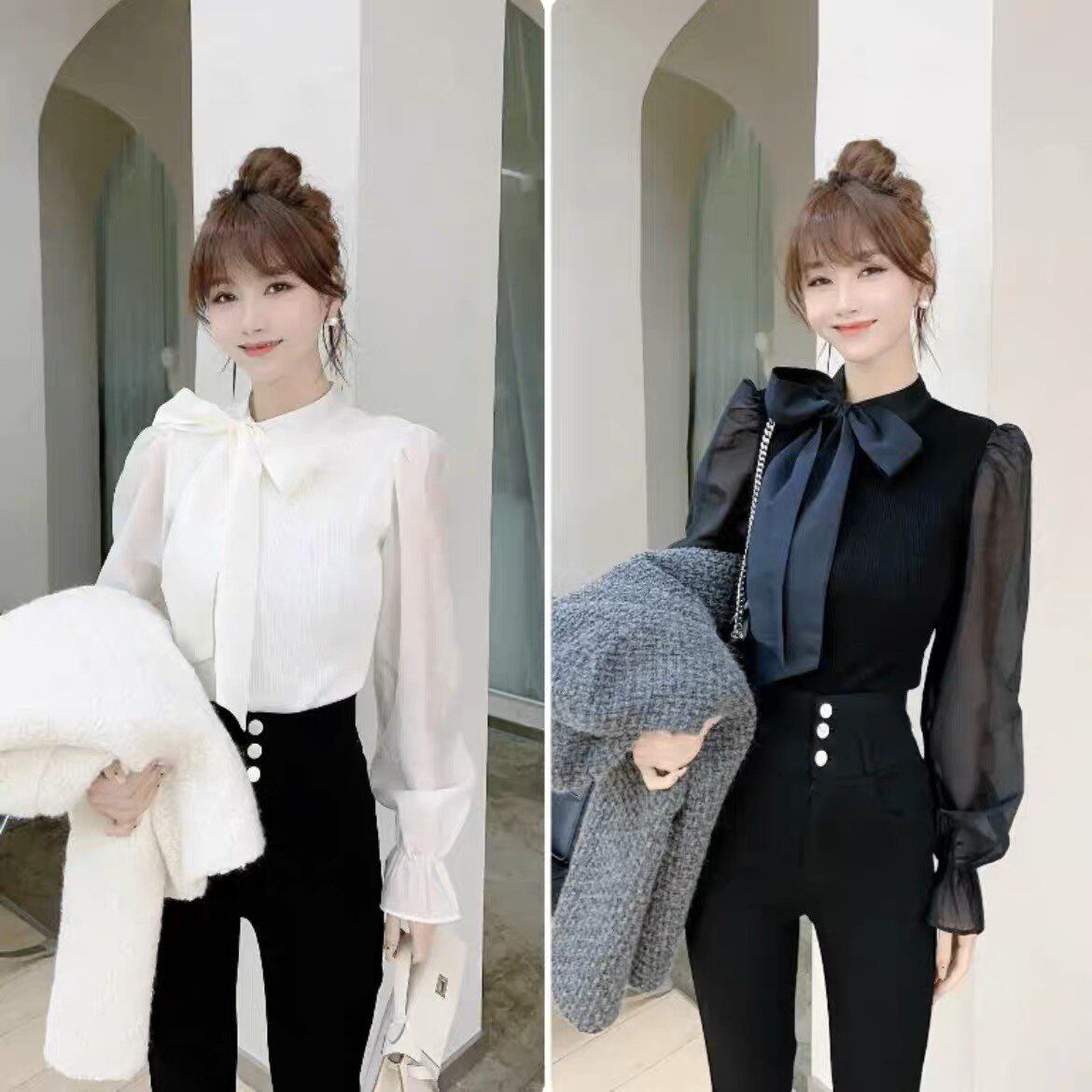 卡卡女装正品法式优雅百搭蝴蝶结绑带上衣百搭打底衬衫女