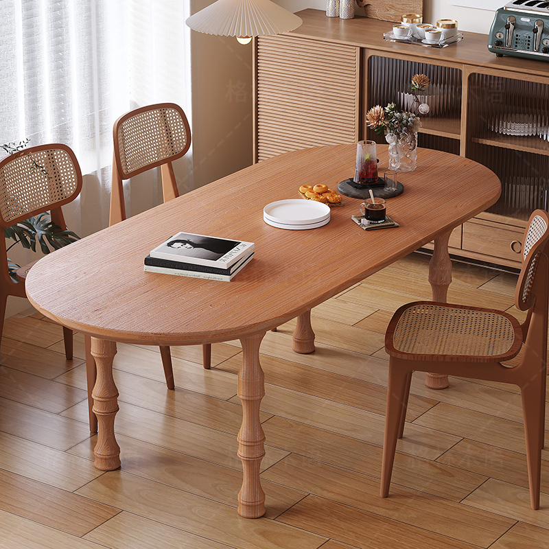 全实木中古法式餐桌罗马腿柱设计师原木小户型餐厅椭圆饭桌椅组合