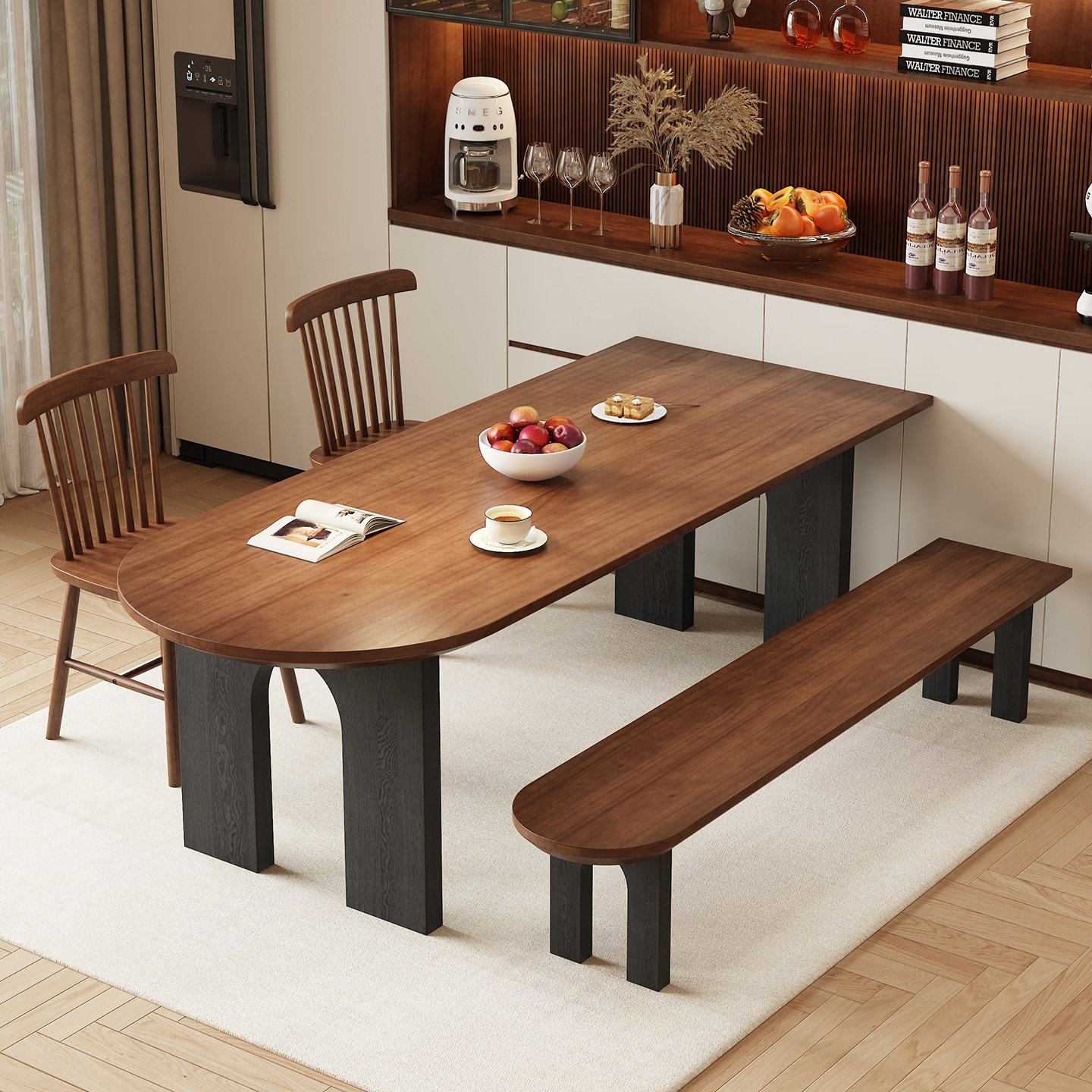 全实木餐桌家用长条桌餐厅客厅长方形桌子中古风撞色长桌半圆书桌