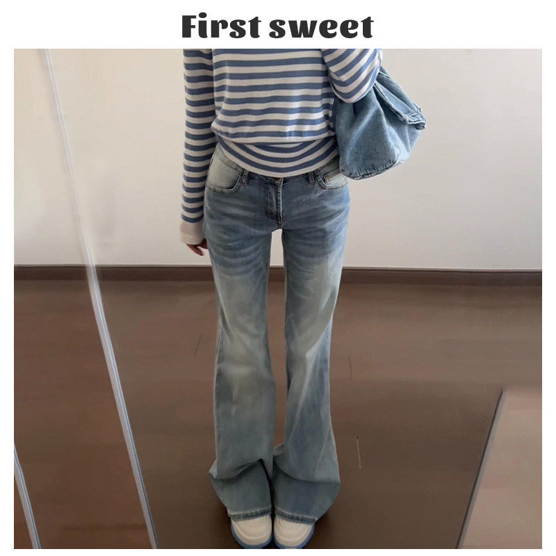 冰蓝色微喇牛仔裤女2025夏季薄款宽松直筒不贴腿百搭低腰喇叭裤子