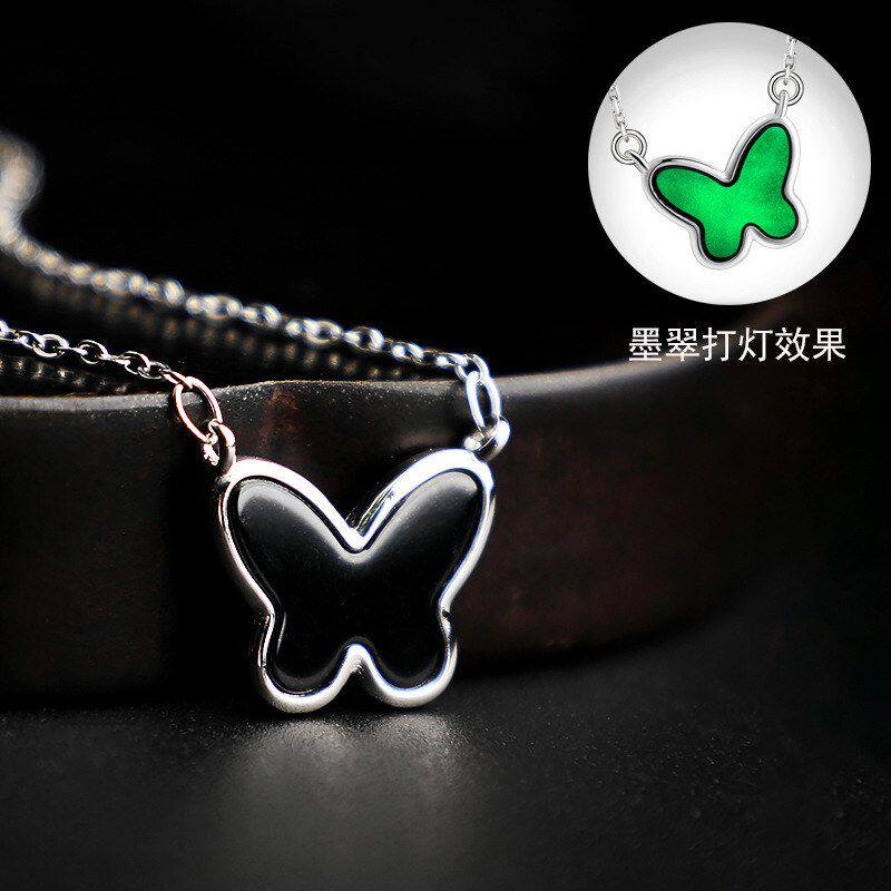 珠宝冰种巴吊坠货蝴蝶包邮A墨翠玉石宝丽银挂件天然S925翡翠镶嵌