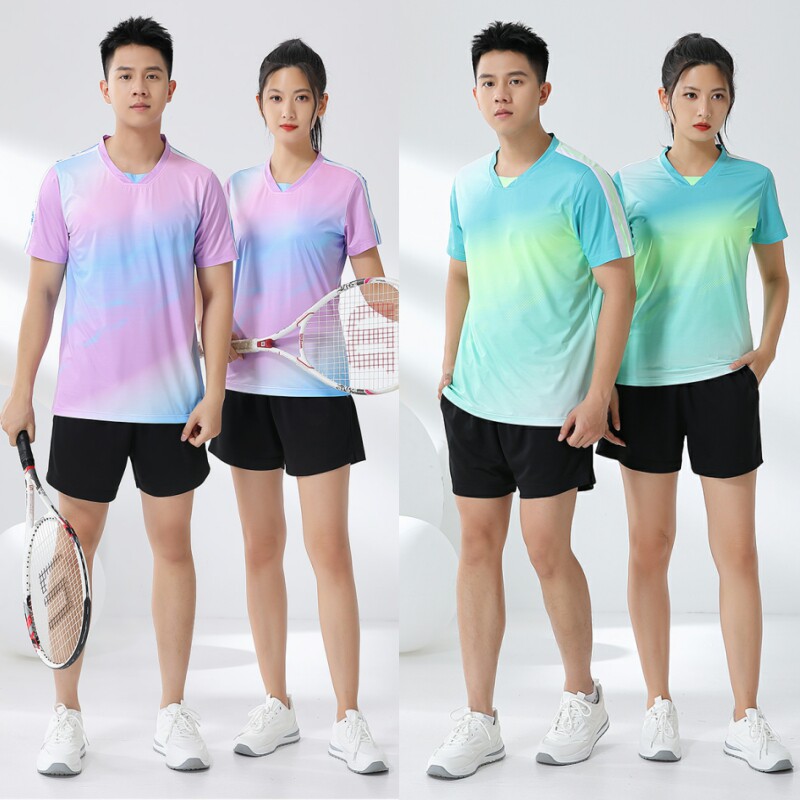 羽毛球服套装吸湿快干透气V领健身服装男女运动半袖上衣乒乓球衣