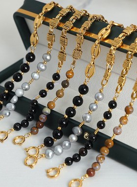 欧美秋冬复古铜材质链子饰品搭配灰色淡水珍珠玛瑙串珠手链手饰女