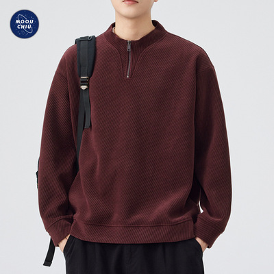 加绒加厚男装550G半拉链立领卫衣男士宽松潮流复古美式长秋季外套