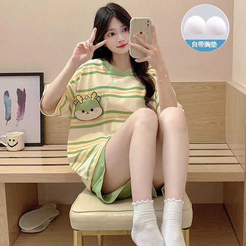 睡衣女款夏季带胸垫短袖