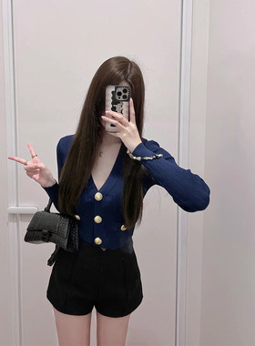 小香风短款上衣女外套黑色V领针织衫毛衣开衫法式气质高级感早春