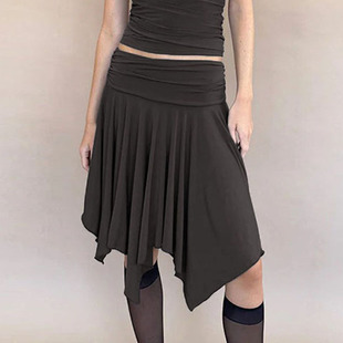 复古线头感荷叶边不规则莫代尔半身裙女气质低腰包臀显瘦百搭长裙