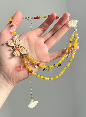 甜酷镶钻滴油蝴蝶珍珠双层叠戴风星星项链女辣妹超仙少女流苏颈链
