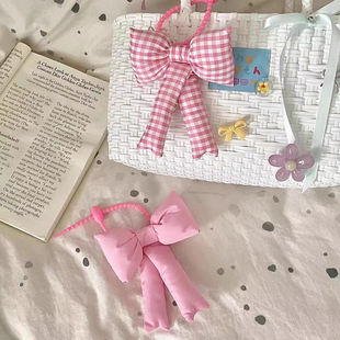 韩系ins风蓝粉格子蝴蝶结车钥匙扣挂件可爱甜美少女书包背包配饰