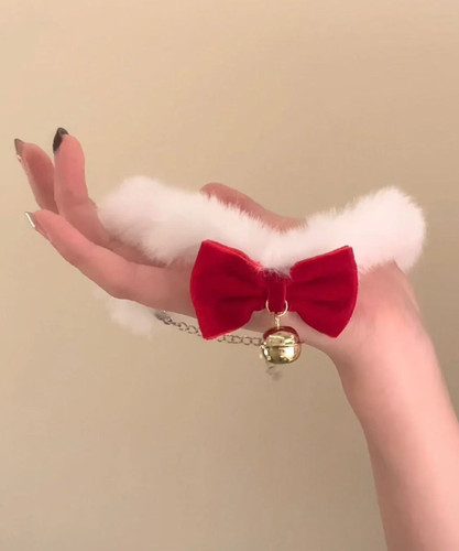 毛绒项圈圣诞choker项链锁骨链酒红色小铃铛蝴蝶结圣诞节拍摄配饰