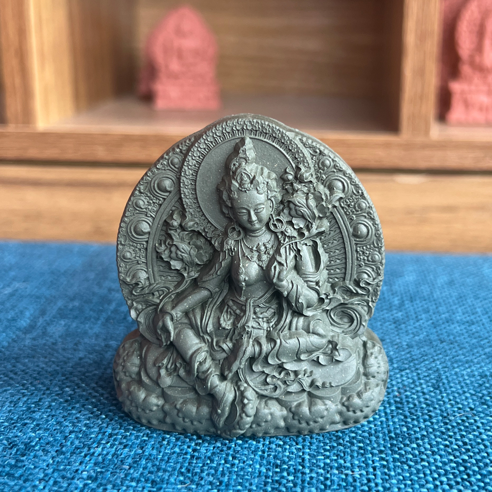 手工制作 绿度母  陶土烧制 擦擦 小佛像