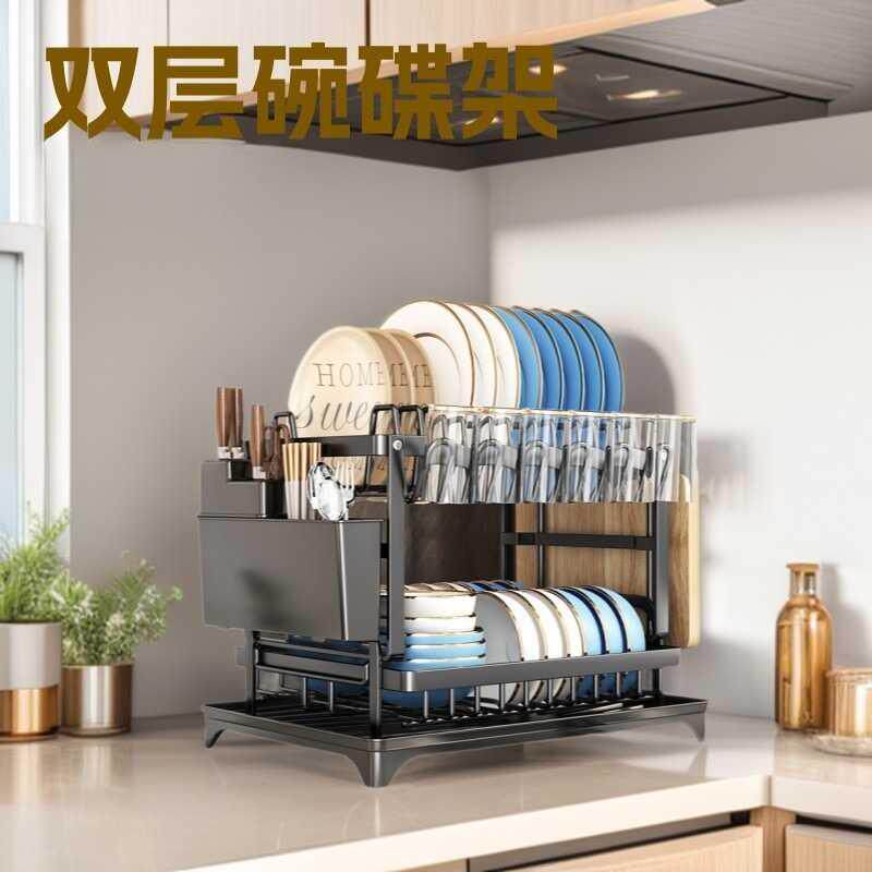 厨房碗碟架台面餐盘收纳家用带排水槽置物架免安装多用途沥水碗架