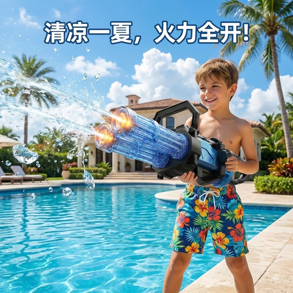泼水节水枪玩具女孩夏日沙滩火光双管加特林水炮自电动连发呲水枪