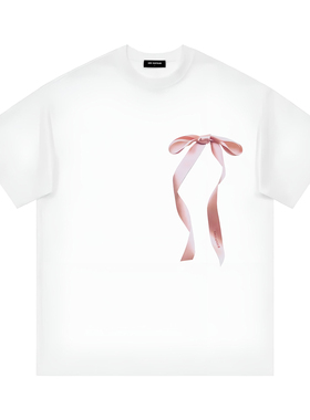 orisafour 法式纯棉短袖T恤 重磅丝绸蝴蝶结印花 小香风轻奢情侣