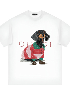 2026SS美式复古宽松恶搞趣味卡通腊肠狗设计重磅纯棉短袖T恤情侣