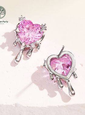 TheGreenParty耳钉耳坠耳饰银耳针爪镶红色爱心送女朋友生日礼物