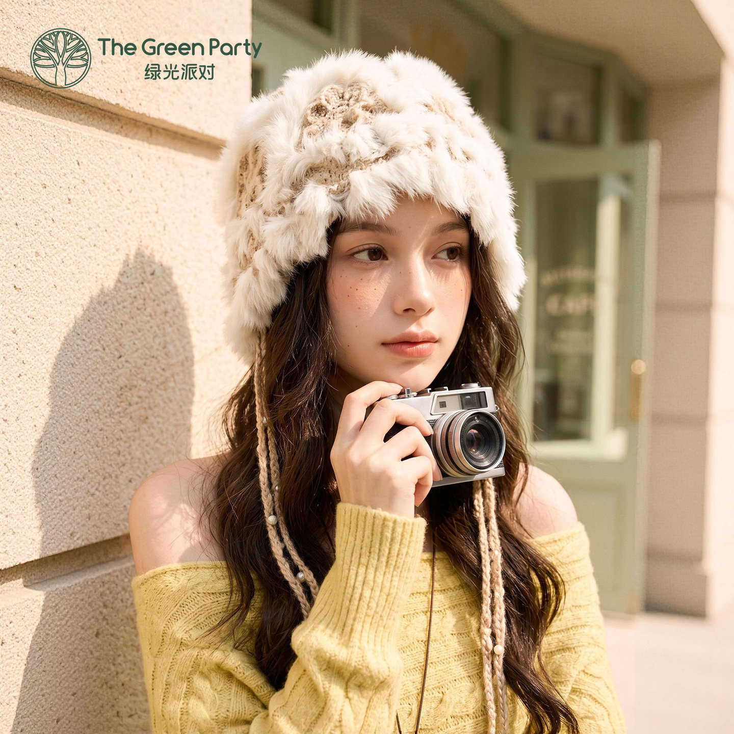TheGreenParty针织兔毛护耳帽秋冬新款女士包头保暖防风毛绒帽子