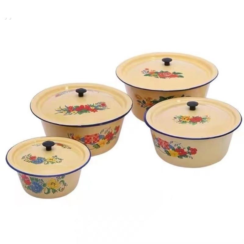 中式纯色搪瓷汤钵圆形带盖子装猪油菜油调味品碗公家用老式搪瓷碗