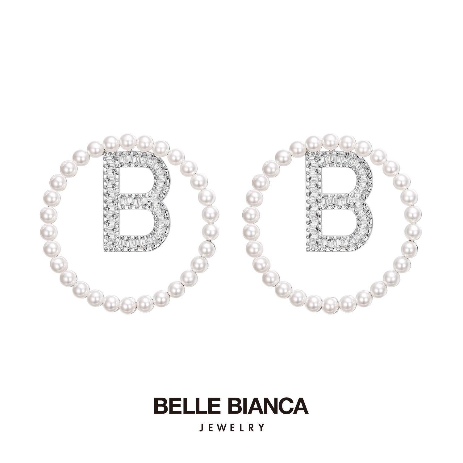 BELLEBIANCA设计师品牌 大圈珍珠B字母耳环 修饰脸型高级耳饰品