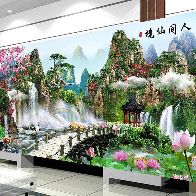 人间仙境5d钻石画满钻客厅大幅流水生财山水风景贴钻十字绣砖石画