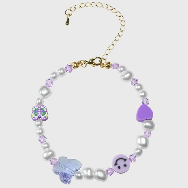 [PUCKR]ZHOU YUTONG 같은 스타일의 보라색 크리스탈 비즈 목걸이 진주 사랑 미소 나비 쇄골 체인