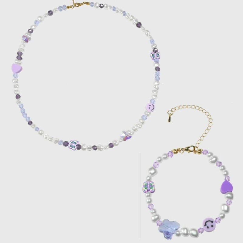 [PUCKR]ZHOU YUTONG 같은 스타일의 보라색 크리스탈 비즈 목걸이 진주 사랑 미소 나비 쇄골 체인