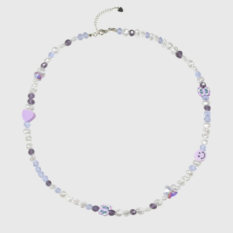 [PUCKR]ZHOU YUTONG 같은 스타일의 보라색 크리스탈 비즈 목걸이 진주 사랑 미소 나비 쇄골 체인