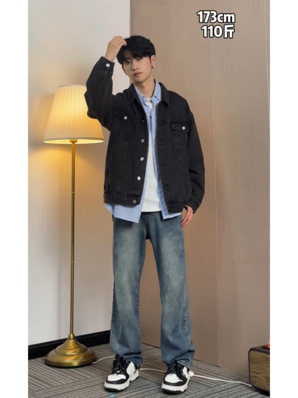 大雄小个子穿搭日记早春ins直筒牛仔裤宽松阔腿长裤半松紧腰男