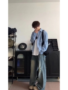 2024秋季蓝色小格子长袖衬衫男休闲男女同款宽松衬衣薄外套