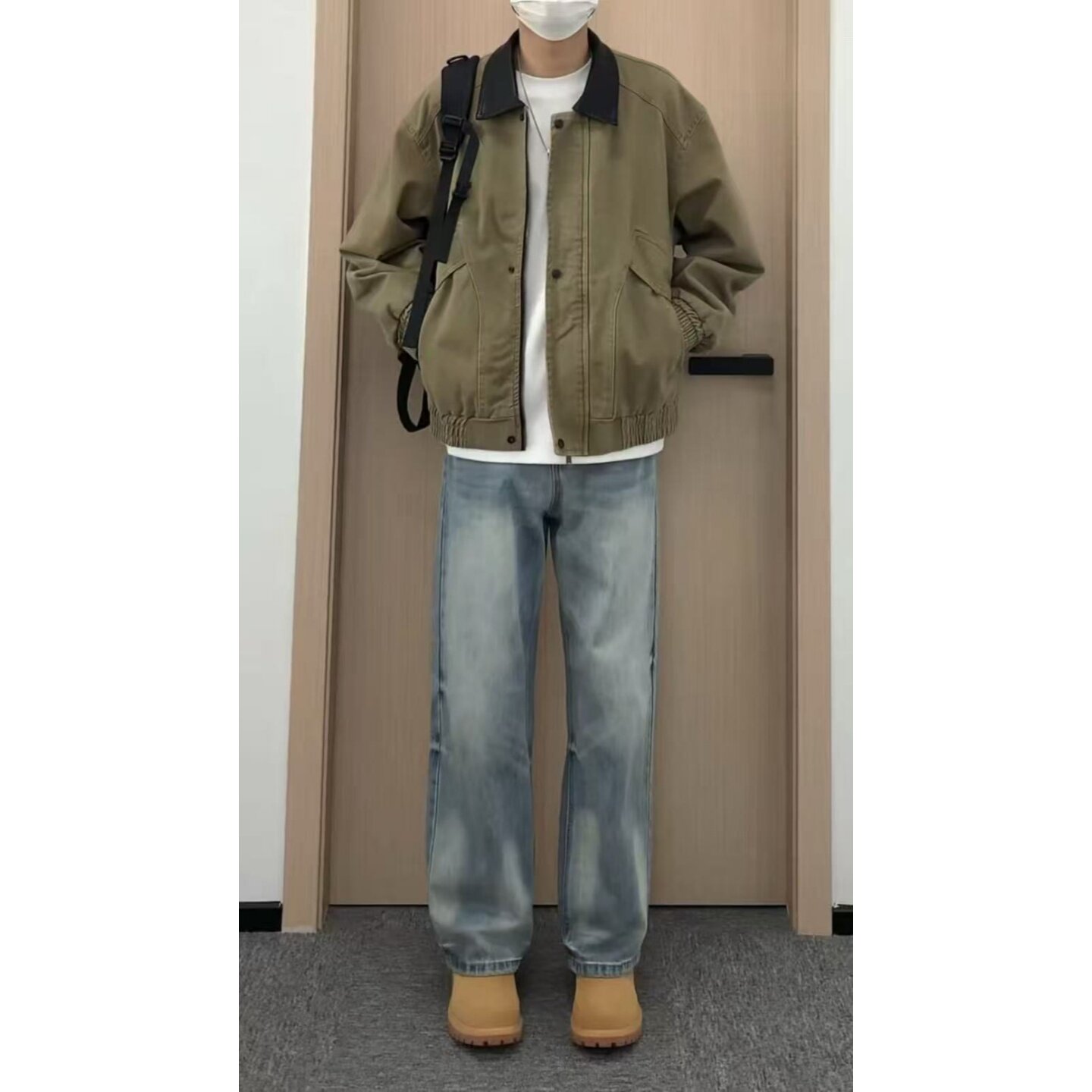 2026新款美式拼皮复古翻领夹克男173的皮蛋宽松工装外套休闲上衣