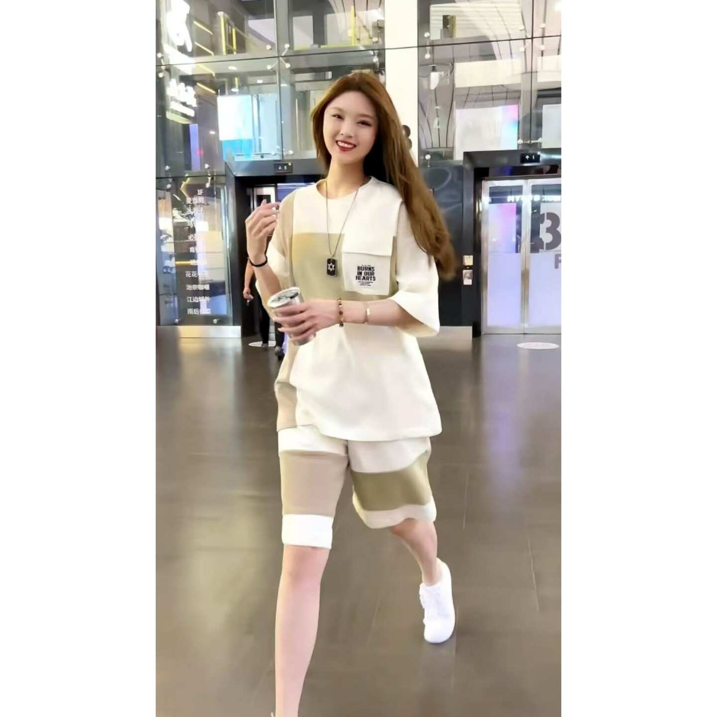 拼接短袖T恤套装男士韩版宽松休闲运动拼接短袖短款组合两件套装