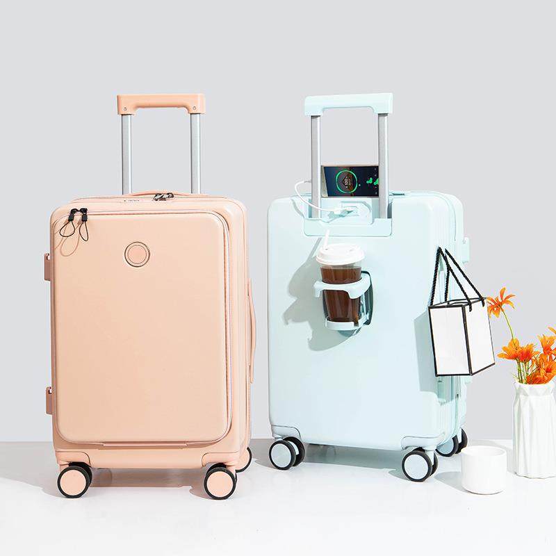 前置开盖行李箱杯架USB女小型20寸拉杆箱男登机箱密码旅行箱床笠