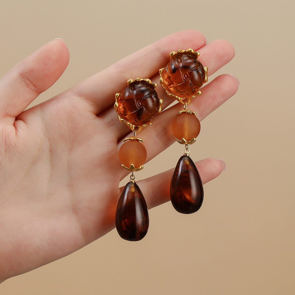 银针美拉德咖色琥珀几何水滴耳钉欧美潮流气质耳环复古感耳饰