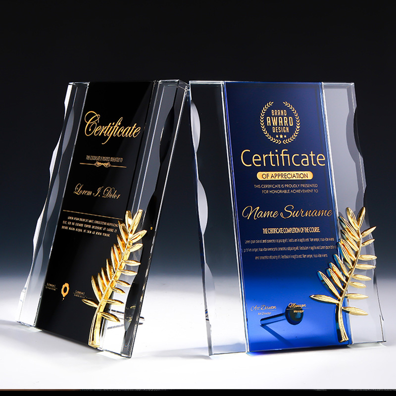 高档水晶授权牌创意金属叶子奖杯定制代理商证书颁奖定做感谢牌